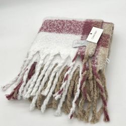 New Calvin Klein Chunky Oversized Plaid Blanket Scarf in Latte,20*36 In