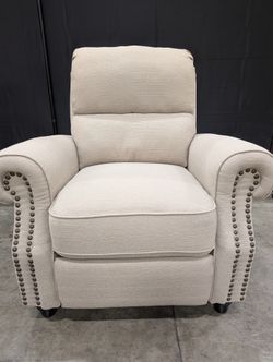 Comfortable Neutral Fabric Recliner with Nailhead Trim