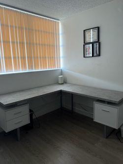 Monarch Specialties 70” L-Shaped Executive Desk – White/Cement Look