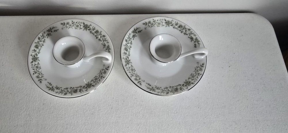 Vintage Mikasa China Montclair Candle Holders Green Floral G9059 Japan Set Of 2