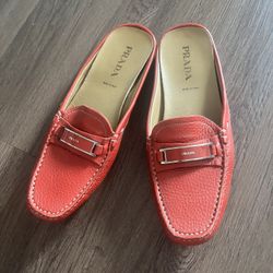 Prada Red Leather Loafers Shoes Mules Slides Vintage 7.5 7 1/2