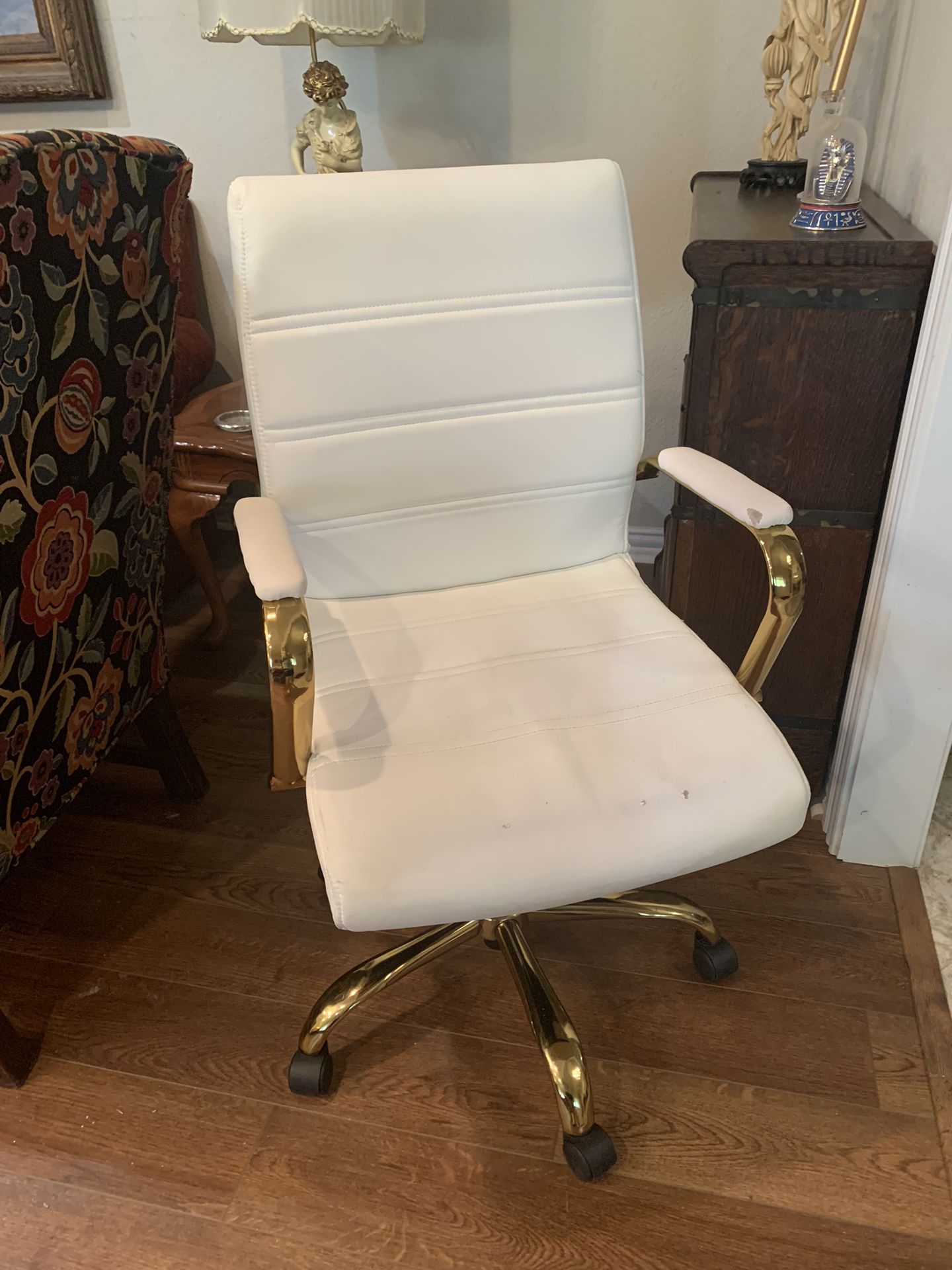Elegant, White Office Chair, Adjustable, Brass Legs, Brass Arms
