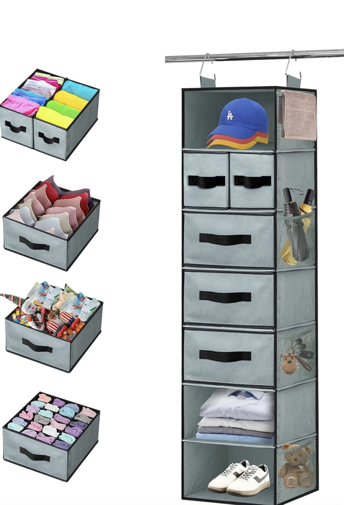 7-Shelf Hanging Closet Organizer with 5 Different Drawers, Hanging Closet Shelves Storage and 8 Mesh Pockets, Closet Organization and Storage for Ward