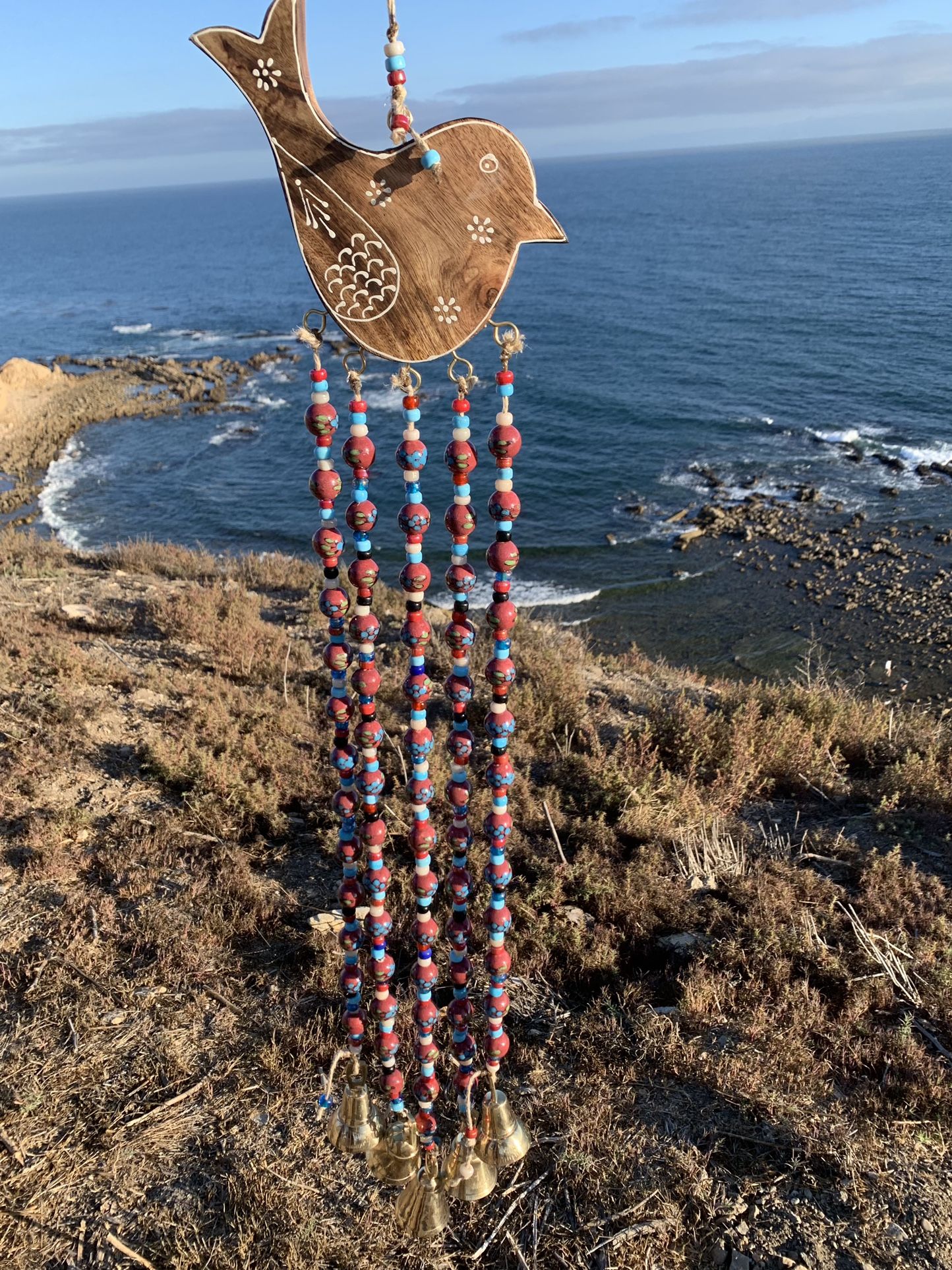 Large Bird Of Paradise Bohemian Multicolored Glass & Ceramic Floral Porcelain Beads Wind Chime Mobile