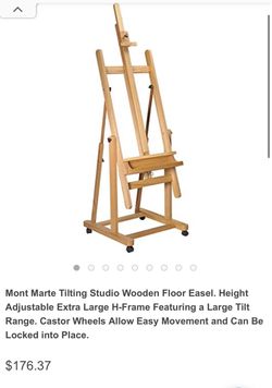 Mont Marte Tilting Studio Wooden Floor Easel. Height Adjustable Extra Large H-Frame Featuring a Large Tilt Range. Castor Wheels Allow Easy Movement an