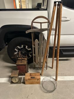 Antiques sled transit butter churn basket scale