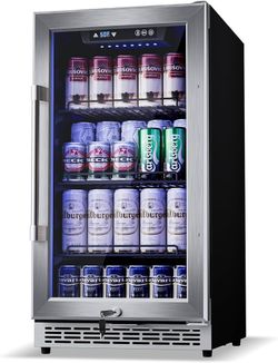 18 inch Glass Door Beverage Refrigerator – 160 Can Mini Fridge for Wine, Beer, Soda, Ideal for Home, Office, or Bar, Under Counter Built-In Design