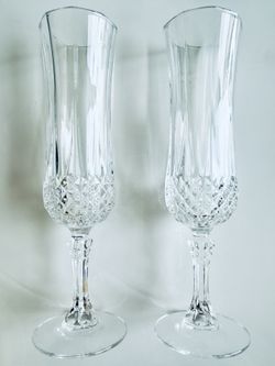 Pair of Vintage Crystal Champagne Flutes, Diamond Cut Pressed Glass *Pick up in Alexandria.