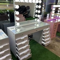 Makeup Vanity with Light Up Drawers and LED Mirror with Bluetooth Speaker 