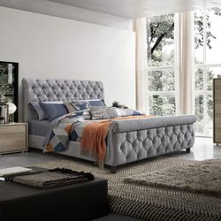 MODERN NEW GRAY FABRIC QUEEN BED ON SALE ONLY $499. KING BED $599. IN STOCK SAME DAY DELIVERY 🚚 FINANCING AVAILABLE 