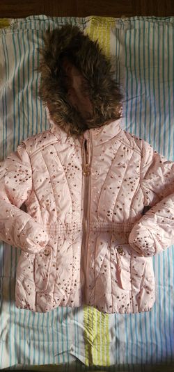 Girls Pink Puffer Jacket with Faux Fur Hood