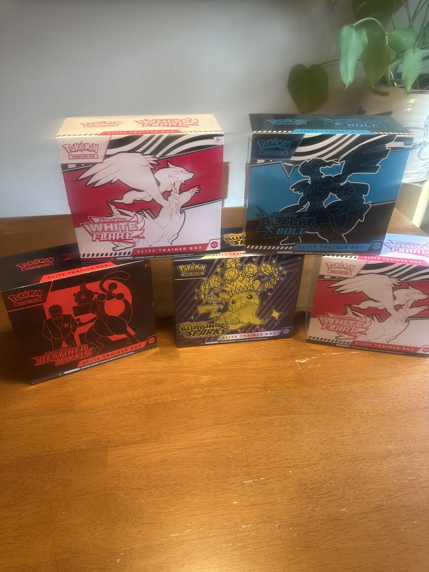 Pokemon ETB 5 Box Lot 1 Surging sparks, 1 Destin rivals, 2 White And Black Flare
