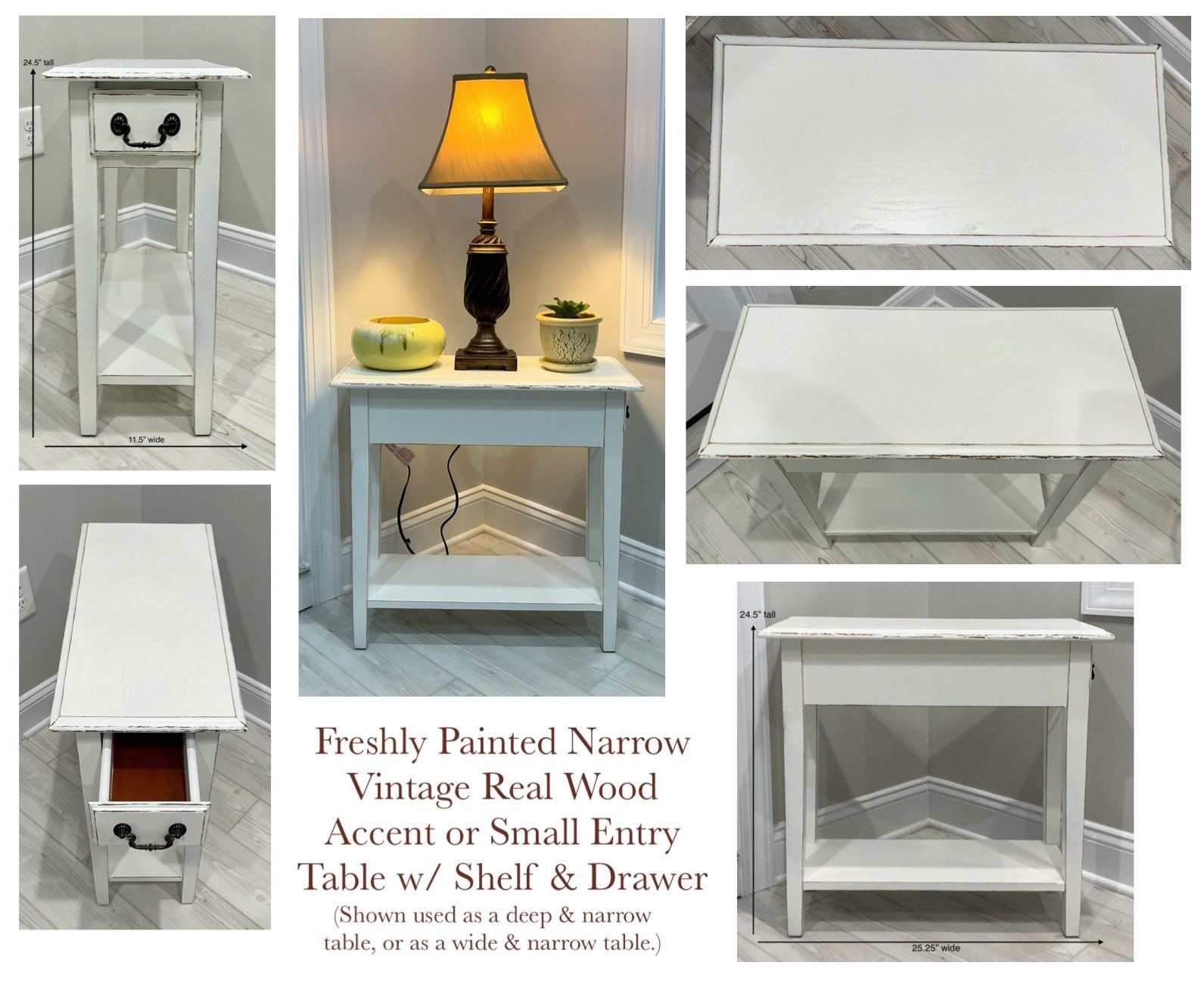Freshly Painted Narrow Vintage Real Wood Accent or Small Entry Table w/ Shelf & Drawer