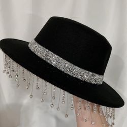 Cotton felt black bling bling cowboy fedora hat crystal Fringe