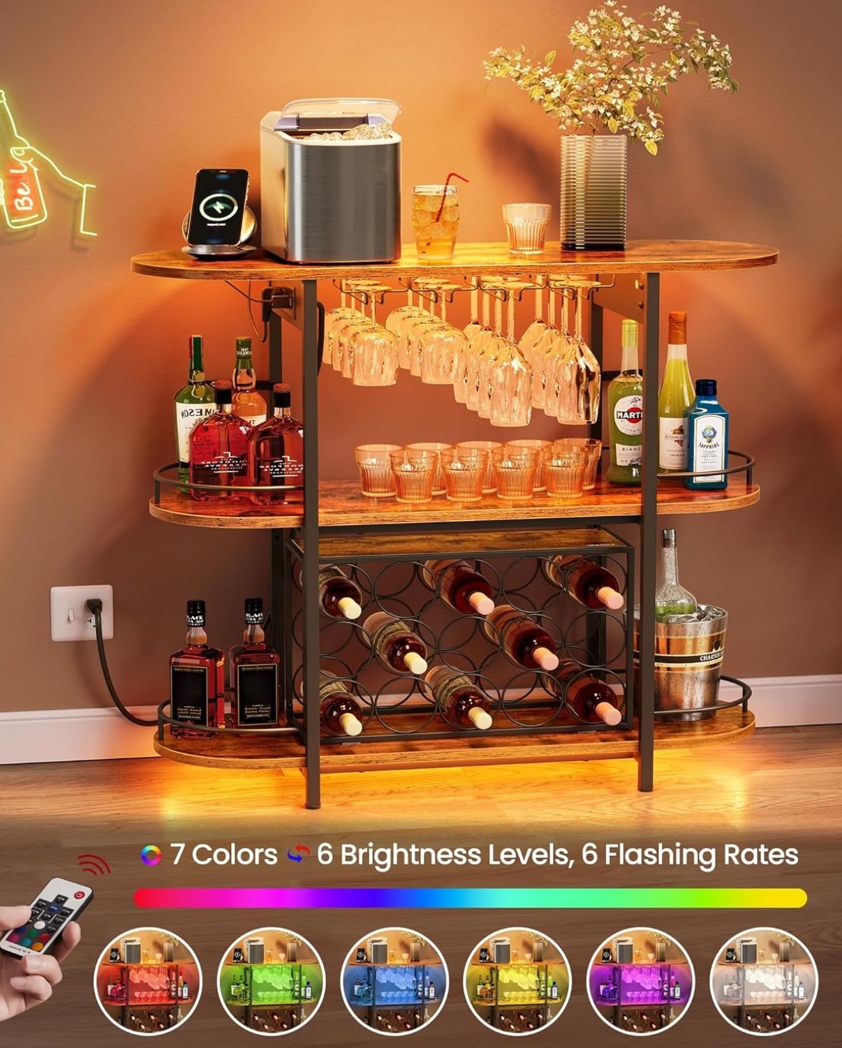 3-Tier Bar Cart with Wine Rack, Glass Holders, and Built-In Power Strip