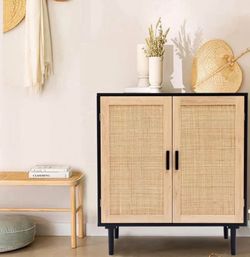 Azhar Wood Rattan Storage Cabinet with 2-Doors, Black and Brown