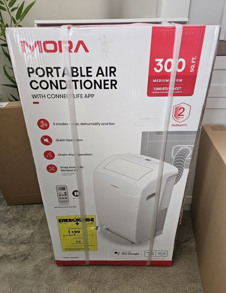 Mora by Hisense Smart 7,000 BTU (DOE), 10,300 BTU (ASHRAE), 300 SF Portable AC, 3 Operating Modes (Cool, Dry, Fan), Remote and Window Vent Installatio