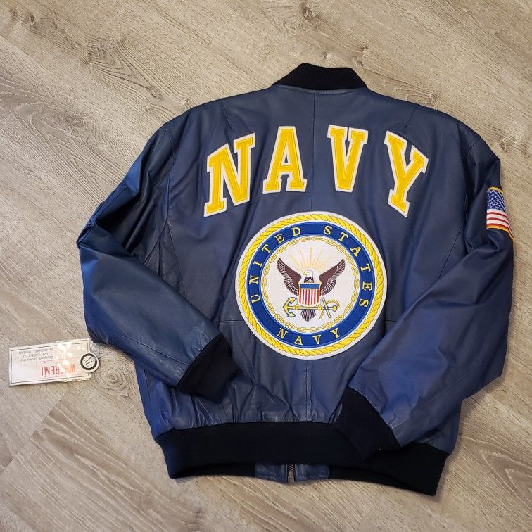Vintage Navy Leather Bomber Jacket By Michael Hoban
