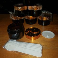 #NEW 7 Amber Glass Jars, 1 OZ EACH,, Round Cosmetic  Jars with White Inner Liners and Gold Lids

