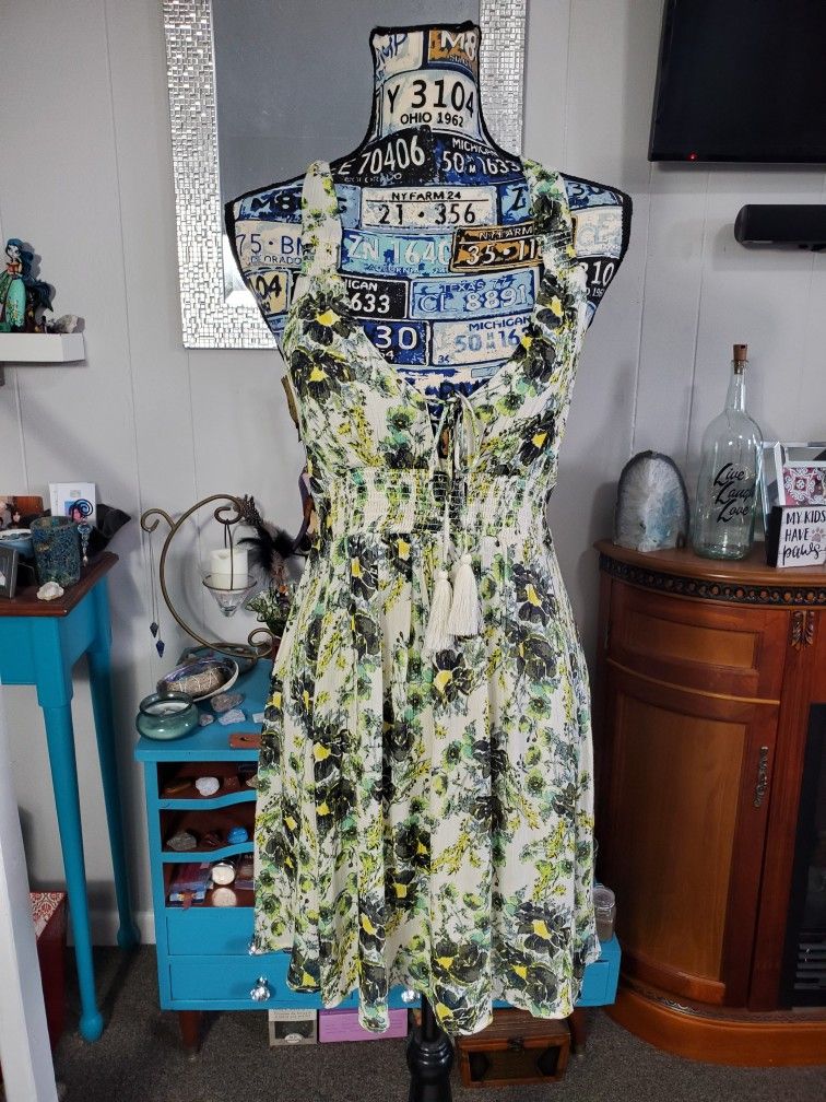 FREE PEOPLE~ CREAM, GREEN, & YELLOW SHEER FLORAL DRESS!