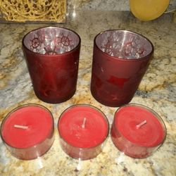 Set/2 Beautiful Red Votive Candleholders (comes w 3 small candles)