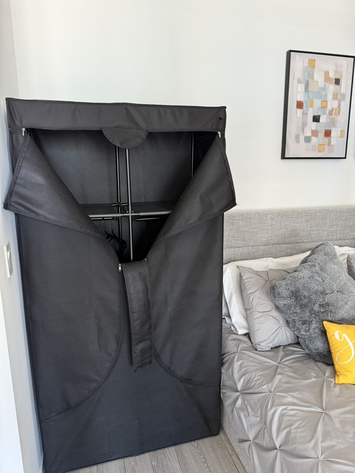 Portable Wardrobe Closet Storage Organizer Metal Hanging Rack Non-Woven Fabric 34 Inch Black