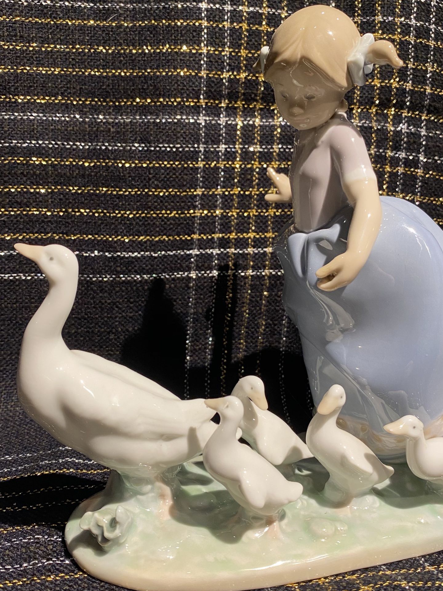 Lladro “Hurry Now” (girl chasing ducks), Glazed Finish, Approx 8” X 10”