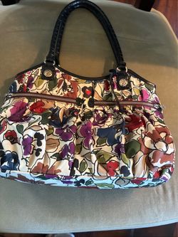 BRIGHTON BEAUTIFUL FLORAL FABRIC HAND OR SHOULDER BAG. Perfect condition Black Patent hand or shoulder strap. Lots of pockets inside & out. Light weig
