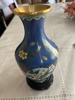 Chinese Cloisonné Enamel Vase with Wood Stand