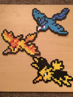 Pokemon moltres, articuno, and zapdos pixel art
