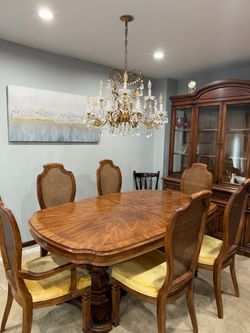Wood Dining Table with 6 Cane Back Chairs