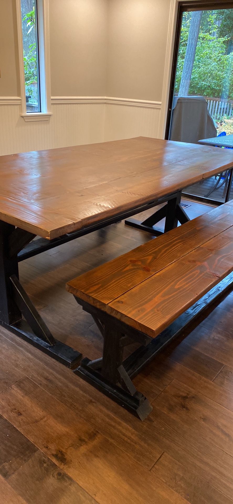 Large Solid Wood Dining Table And Benches