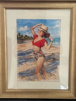 👨🏻🎨🔥🔥Framed Vintage Pin-Up Beach 🏖️Watercolor Print