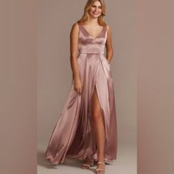 Rose Gold bridesmaid dress with slit | Size: 12 