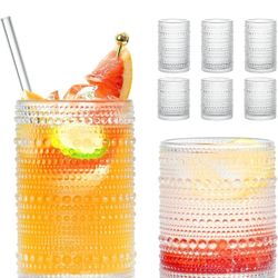 Hobnail - Set of 8 Drinking Glasses with Straws, 15 oz and 12 oz, Embossed Set of 8 Tumblers, Textured Glass Tumblers for Kitchen, Beer, Juice, Cockta