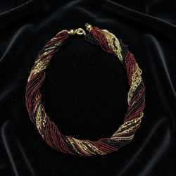 Elegant Italian Murano Glass Torsade Necklace – Red, Black & Gold