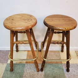 Pair of Solid Oak Swivel Barstool With Brass Footrest