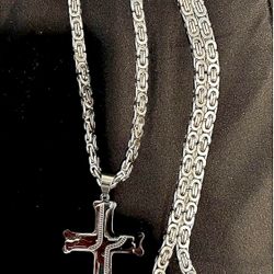 18k White Gold Stainless Steel Byzantine Necklace 30” And Cross Charm