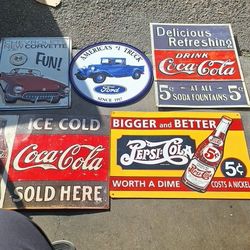 METALS SINGS Of Chevrolet Corvette,ford Truck Pepsi Cola,coca Cola,and Another Coca Cola