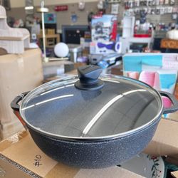 3.5qt Fuzion Cast Aluminum Bronze Speckled Nonstick Caldero with Glass Lid, Black, New