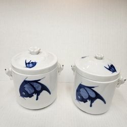 Misty Rose Super White China Asian Blue Koi Fish Tea Jar set