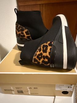 Michael Kors Black Knit Slip-On Sneakers with Leopard Accents