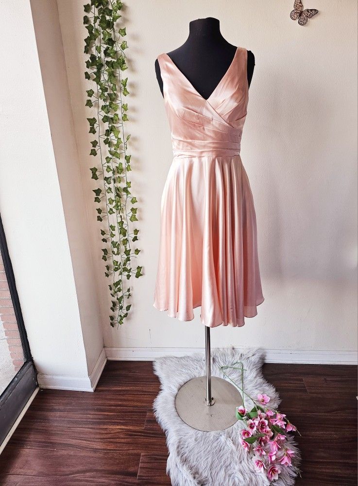Blush satin sleeveless Tea-length Dress/ SIZE LARGE / PARTY DRESS/ PROM / WEDDING/ GRADUATION