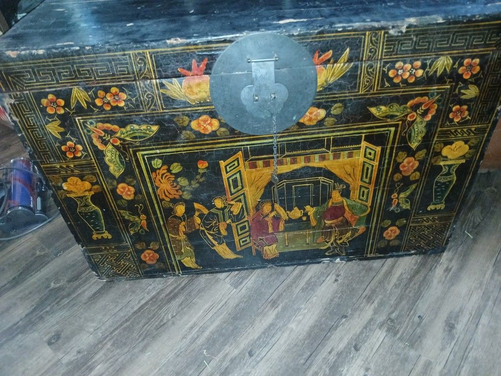 Antique Black Lacquered Handpainted Illustrated Chinese Trunk