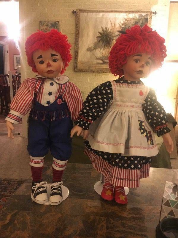 Pair Raggedy Ann and Andy Doll w/ Stands, 2003, 26", Kelly Reburt, Numbered