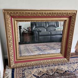 Vintage Ornate Gold and Red Wood Beveled Wall Mirror