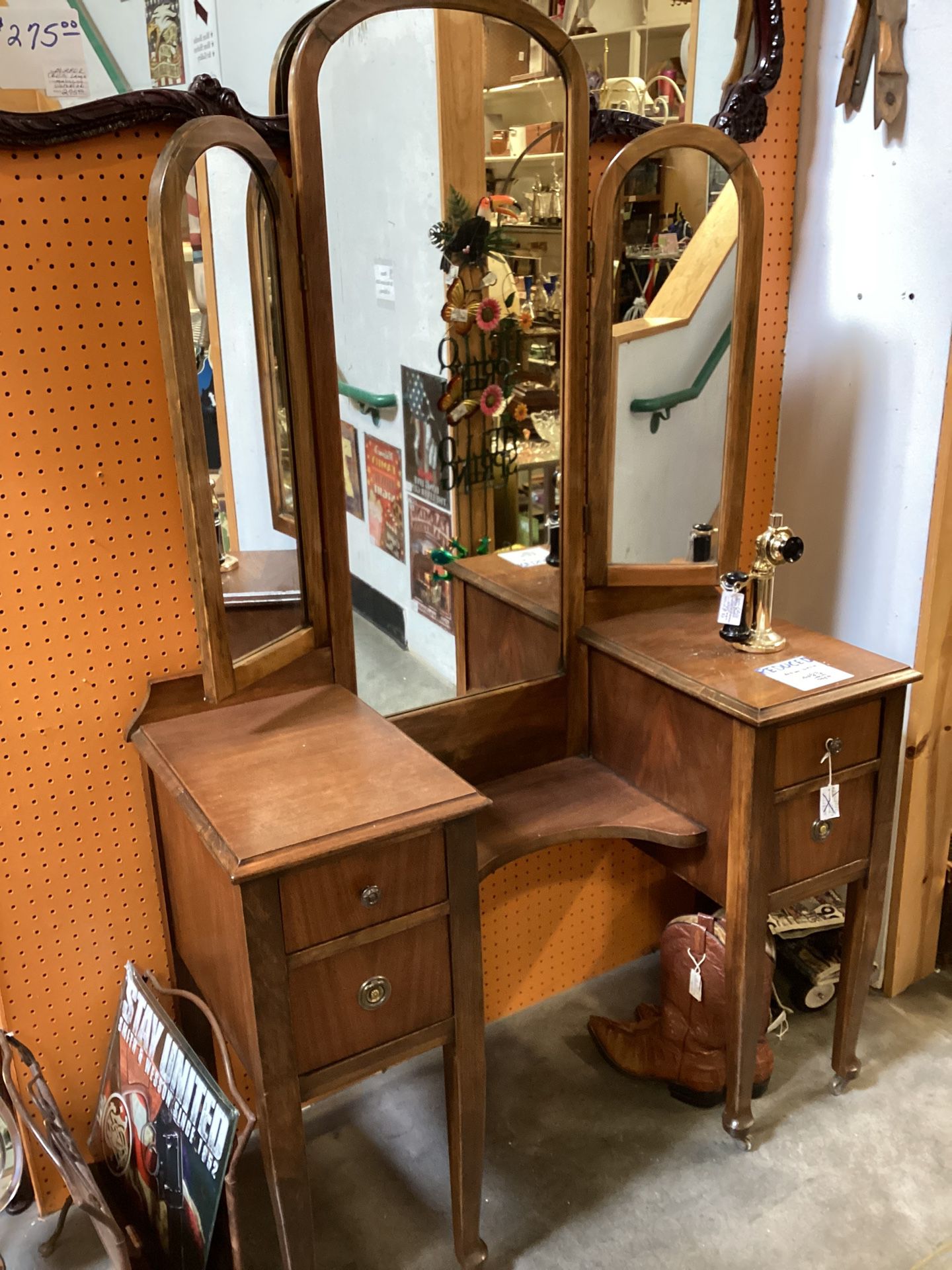 Antique Vanity On Wheels - Folding Side Mirrors 