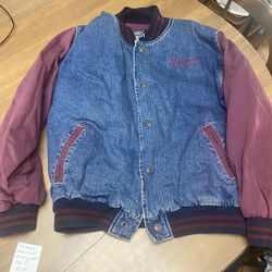 960  Men’s Blue And Red Demon Bomber Jacket See Photos Size L. $5.00 PICK UP ONLY!