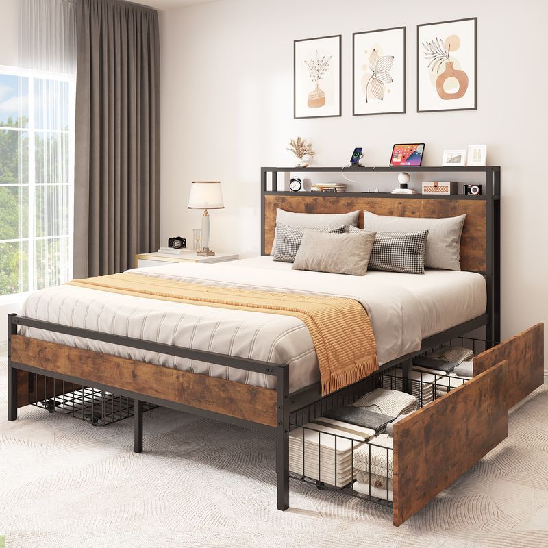 Queen Size Bed With Drawers And Charging Station