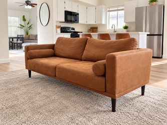 Modern Cognac Brown Sofa with Bolster Pillows
